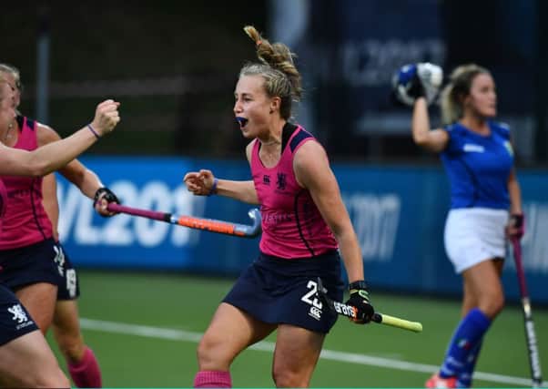 Katie Holmes celebrates pulling a goal back for Scotland during the 2-1 defeat by Italy at the Women's Hockey World League tie in Brussels. Picture: Charles McQuillan/Getty Images for FIH