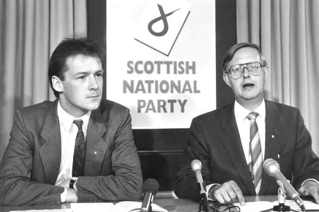 September 2 1987: National Secretary John Swinney (left) and Chairman Gordon Wilson launch the SNP conference agenda. Picture: TSPL