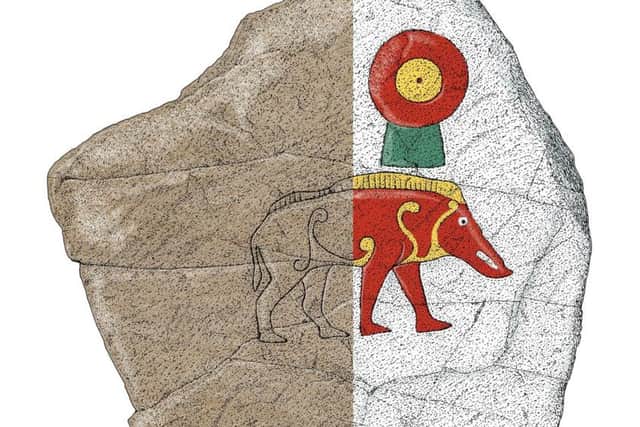 A coloured re-imagining of the Knocknagael Boar Stone near Arbroath. PIC: Historic Environment Scotland