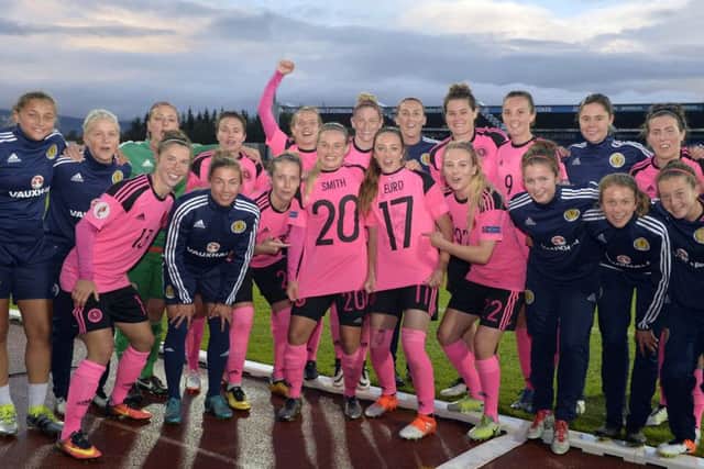 Scotland Women celebrate securing their place at the 
Euro 2017 finals in Holland,