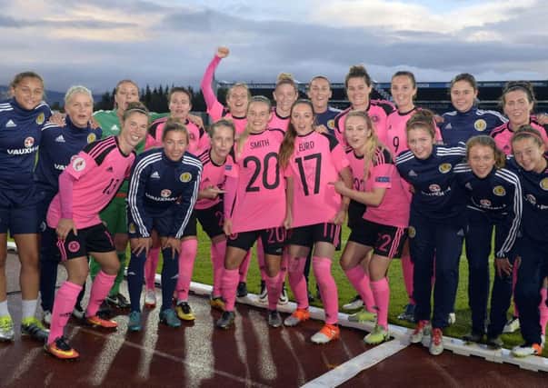 Scotland Women celebrate securing their place at the 
Euro 2017 finals in Holland,