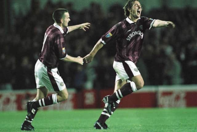 Stephane Paille, celebrates his semi-final goal against Dundee. Picture: Allsport.