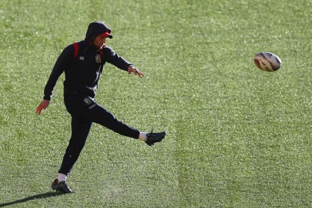Finn Russell practices his kicking during a British & Irish Lions training session. Picture: Getty