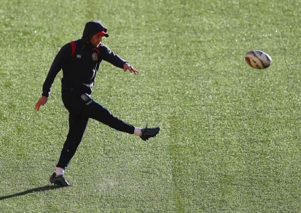 Finn Russell practices his kicking during a British & Irish Lions training session. Picture: Getty