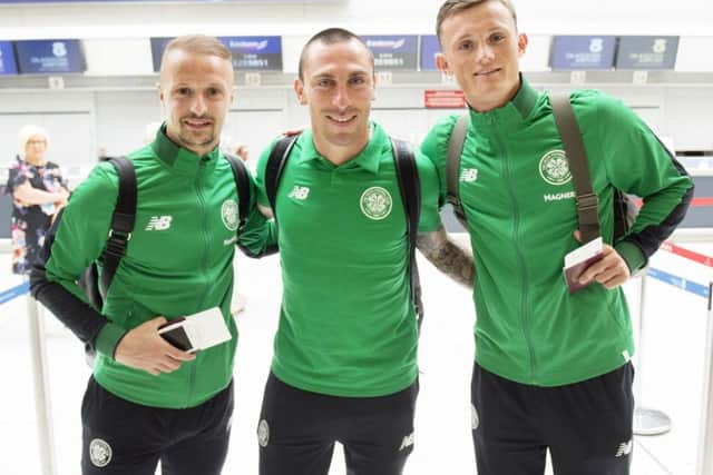 Celtic's Leigh Griffiths, Scott Brown and Liam Henderson. Picture: SNS