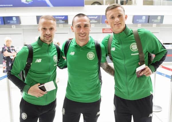 Celtic's Leigh Griffiths, Scott Brown and Liam Henderson. Picture: SNS