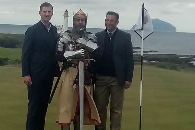 Eric Trump on the new course with an actor from the Strathleven Artizans as King Robert the Bruce and course designer Martin Ebert.
