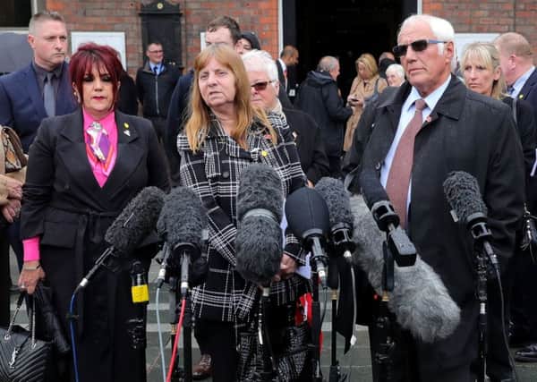 Margaret Aspinall of the Hillsborough Family Support Group and Trevor Hicks address the media. Picture: Christopher Furlong/Getty Images