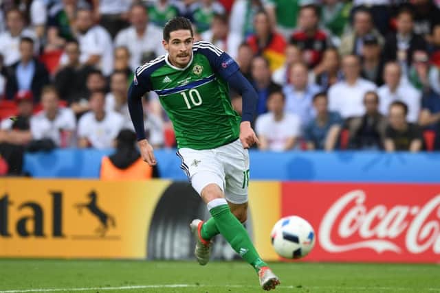 New Hearts striker Kyle Lafferty in action for Northern Ireland against Germany during last summers European Championship finals.. Picture: Charles McQuillan/Getty Images