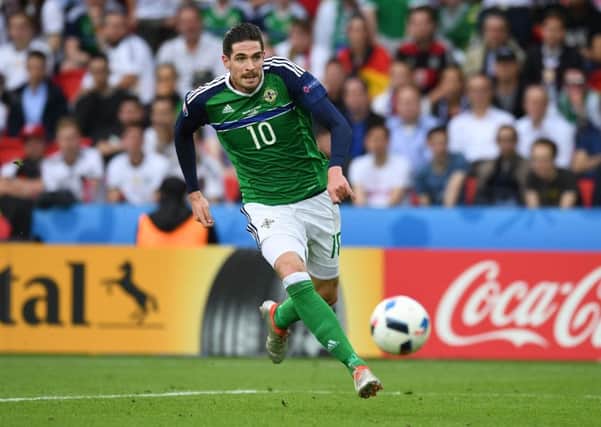 New Hearts striker Kyle Lafferty in action for Northern Ireland against Germany during last summers European Championship finals.. Picture: Charles McQuillan/Getty Images