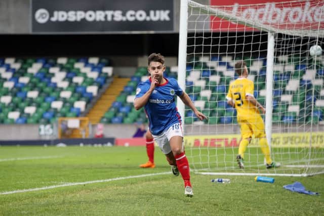 Linfield's Jordan Stewart celebrates scoring the winning goal. Picture: PA