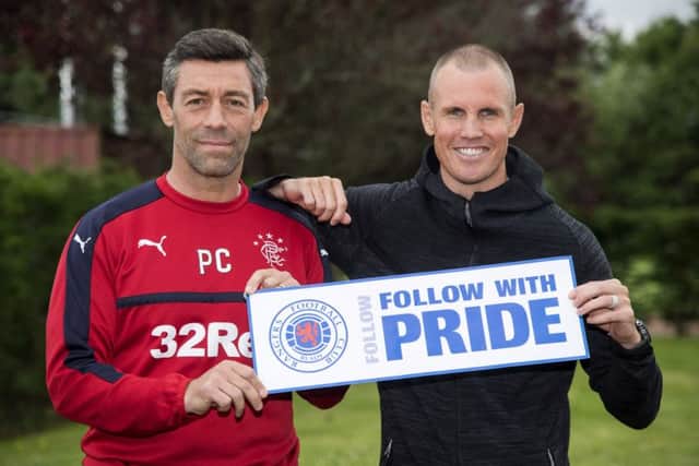 Rangers manager Pedro Caixinha (L) and striker Kenny Miller promote the upcoming Europa League qualifier against Progres Niederkorn. Picture: SNS