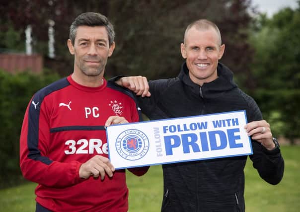 Rangers manager Pedro Caixinha (L) and striker Kenny Miller promote the upcoming Europa League qualifier against Progres Niederkorn. Picture: SNS