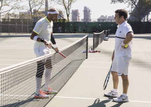 Picture: Keegan-Michael Key (left) loses his temper over a game of tennis in Friends from College, David Lee/Netflix)