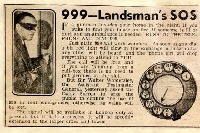 An advert from around 1937 for emergency 999 calls. Picture: PA/BT