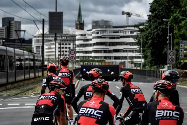 Riders of the USA's BMC Racing team take part in a training session around Dusseldorf ahead of Saturday's Grand Depart. Picture: AFP/Getty Images