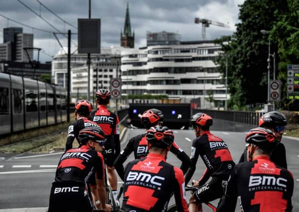 Riders of the USA's BMC Racing team take part in a training session around Dusseldorf ahead of Saturday's Grand Depart. Picture: AFP/Getty Images