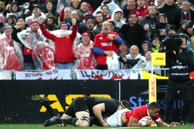 British and Irish Lions' Taulupe Faletau dives in to score his side's first try during the second test of the 2017 British and Irish Lions tour. Picture: David Davies/PA Wire.