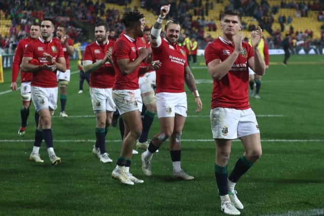 The Lions applaud the fans following the team's 24-21 victory during the second test match against New Zealand. Picture: David Rogers/Getty Images