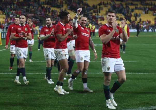 The Lions applaud the fans following the team's 24-21 victory during the second test match against New Zealand. Picture: David Rogers/Getty Images