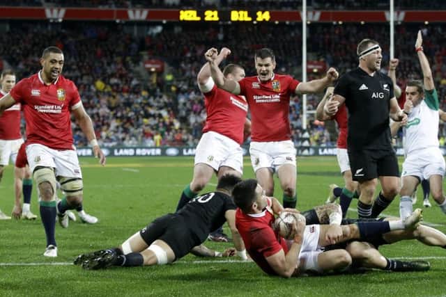 Lions players celebrate after scrum half Conor Murray scores a try during the second rugby testagainst the All Blacks in Wellington. Picture: AP Photo/Mark Baker