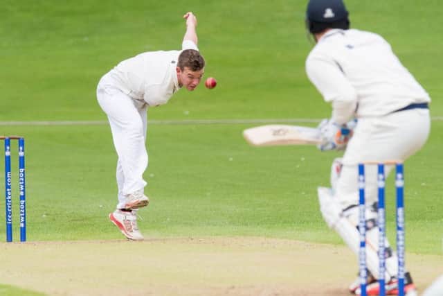 Mark Watt, of Heriot's, faces a delivery from Andrew Brock, of Grange, at Goldenacre, where the home side were decisively outgunned. Picture Ian Georgeson
