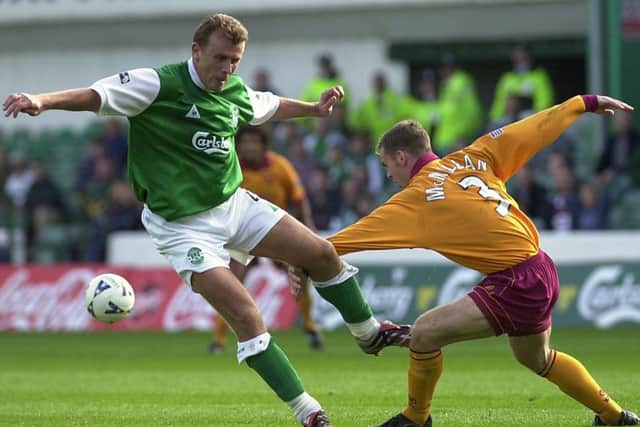Franck Sauzee pictured in action for Hibs agianst Motherwell at Easter Road in September 2000. Picture: Paul Chappells
