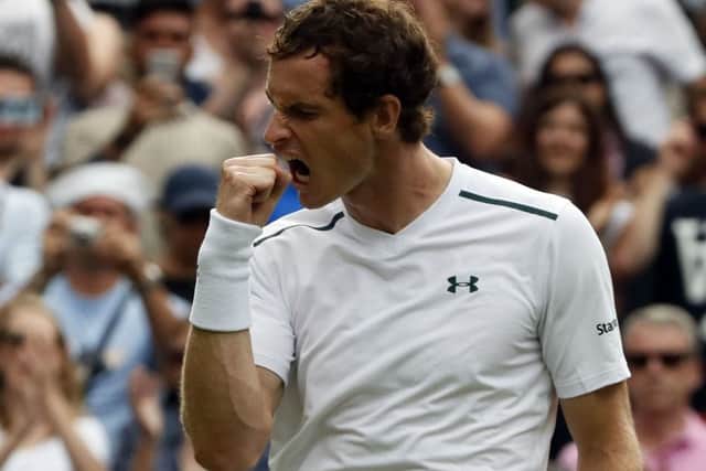 Andy Murray celebrates after beating Kazakhstan's Alexander Bublik in three sets.