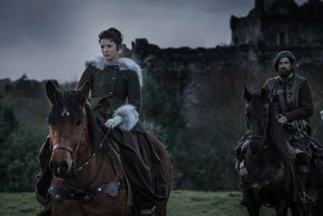 Doune Castle as Castle Leoch in Outlander with lead character Claire Randall Fraser, played by Caitriona Balfe. PIC: PIC:Â© 2017 Sony Pictures Television Inc. All Rights Reserved.