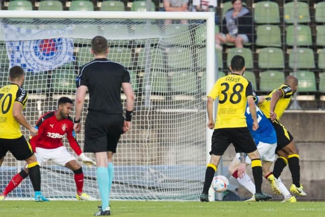 Progres Niederkorn's Emmanuel Francoise scores to make it 1-0. Picture: SNS