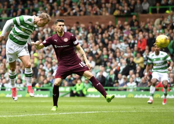 Celtic's Leigh Griffiths opens the scoring against Hearts in a 2-0 win in May. Picture: SNS