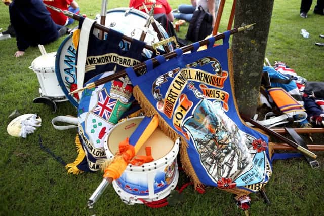 Drums and banners are piled up as participants take part in Orange Walks across the city of Glasgow. Picture: Jane Barlow/TSPL