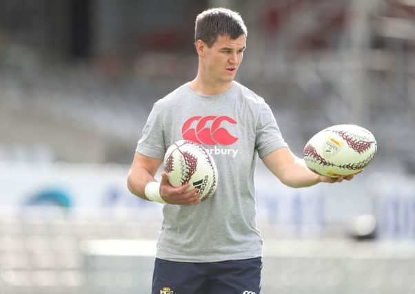 Lions No 10 Jonny Sexton keeps his eye on the ball during a kickers session. Picture: PA.