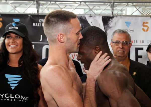 Ohara Davies throws his head towards Josh Taylor during the weigh-in. Picture: Shabba Shafiq