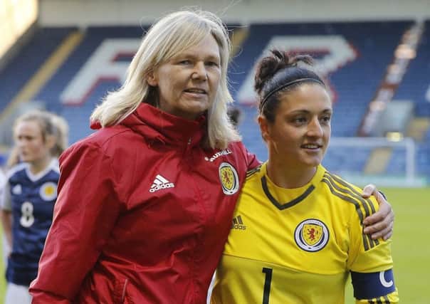 Scotland Women head coach Anna Signeul with with goalkeeper Gemma Fay after the final whistle. Picture: PA.