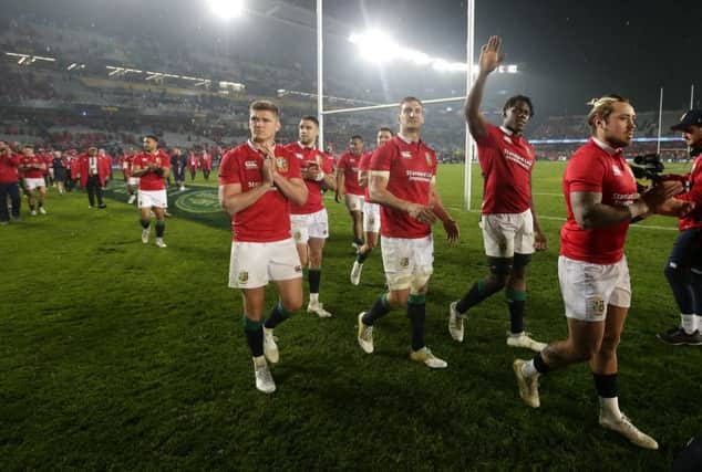 Lions players wave to supporters following the third and final rugby test agaisnt New Zealand. Picture: AP Photo/Mark Baker
