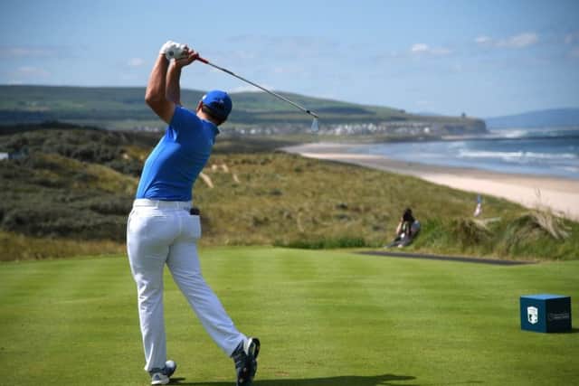 Jon Rahm of Spain tees off on the 1st hole on day three of the Dubai Duty Free Irish Open at Portstewart Golf Club. Picture: Ross Kinnaird/Getty Images