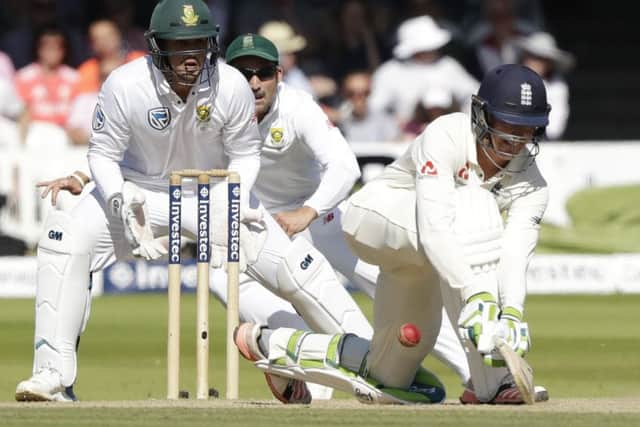 Keaton Jennings on his way to 33 in the evening sunshine at Lords in Englands second innings.  Photograph: Matt Dunham/AP
