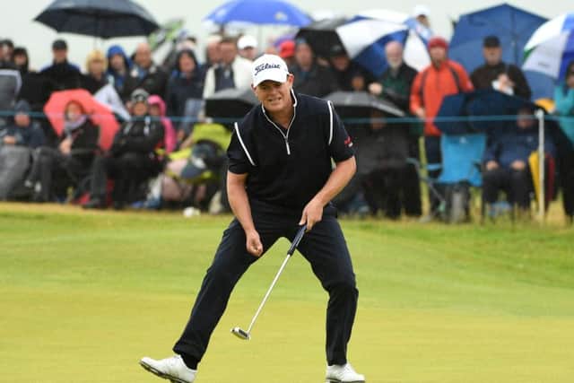 David Drysdale celebrates after rolling in his seventh successive birdie at the end of the Dubai Duty Free Irish Open. Picture: Getty.