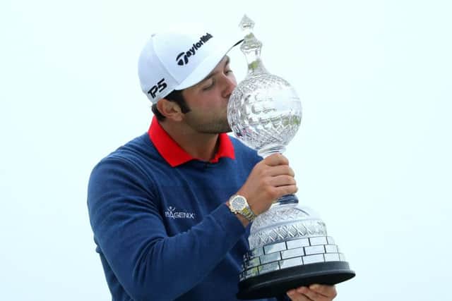 Jon Rahm kisses the trophy after winning the Irish Open. Picture: Getty.