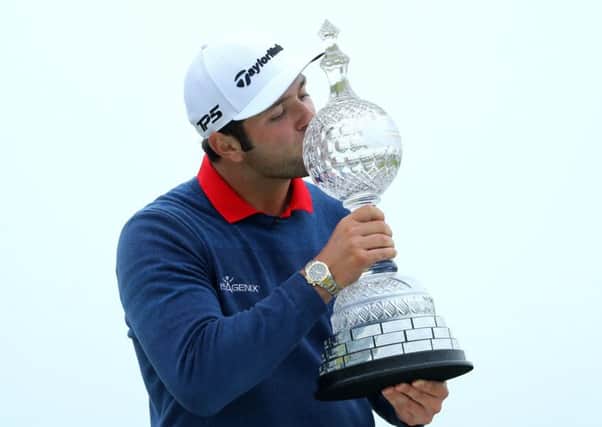 Jon Rahm kisses the trophy after winning the Irish Open. Picture: Getty.