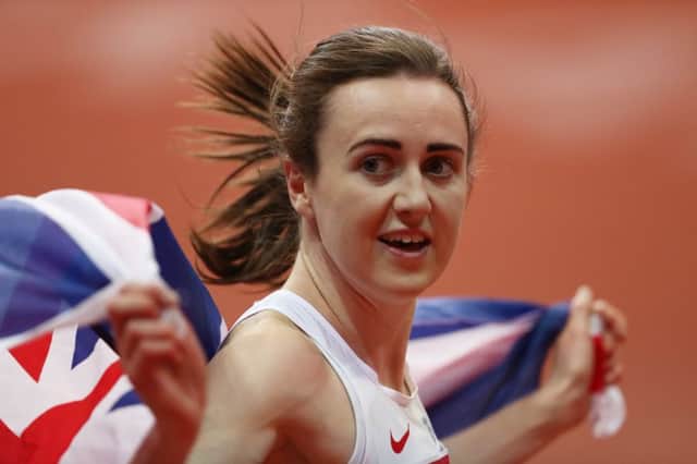 Laura Muir celebrates after winning gold in the women's 3000 metres at the  European Athletics Indoor Championships  in Belgrade, Serbia, in March.