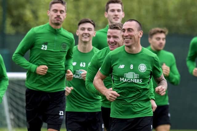Celtic captain Scott Brown leads the way in training. Picture: Craig Foy/SNS