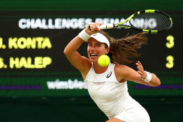 Johanna Konta in action during her quarter-final win over Simona Halep of Romania at Wimbledon. Picture: Michael Steele/Getty Images
