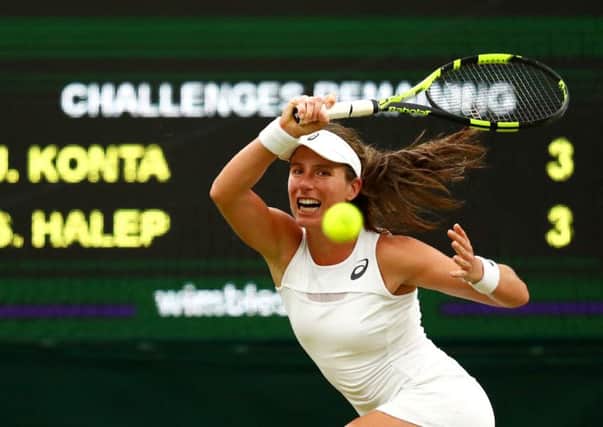 Johanna Konta in action during her quarter-final win over Simona Halep of Romania at Wimbledon. Picture: Michael Steele/Getty Images
