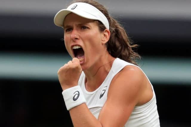 Johanna Konta celebrates winning the second set against Simona Halep. Picture: Adam Davy/PA Wire