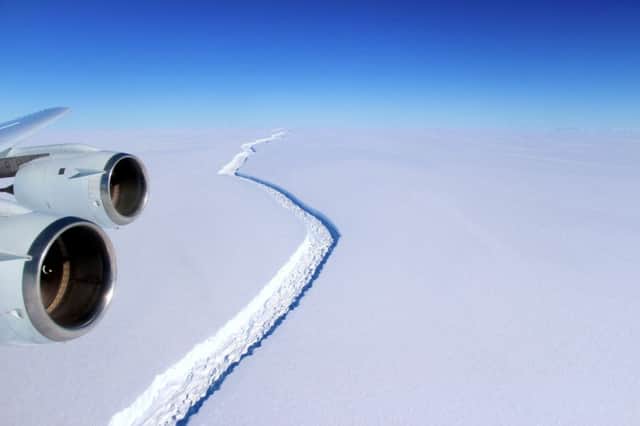 A rift in an Antarctic ice shelf where one of the largest icebergs on record has broken away. Picture: PA