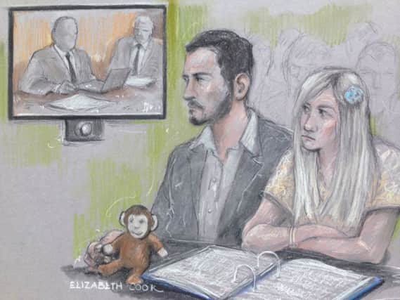 Court artist sketch showing Connie Yates and Chris Gard as they listen to a US doctor speaking via video link. Picture: Elizabeth Cook/PA Wire