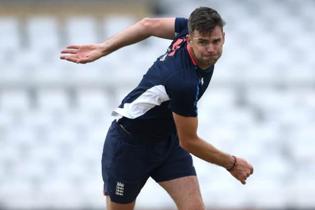 Jimmy Anderson gets some practice at Trent Bridge yesterday. Picture: Getty.