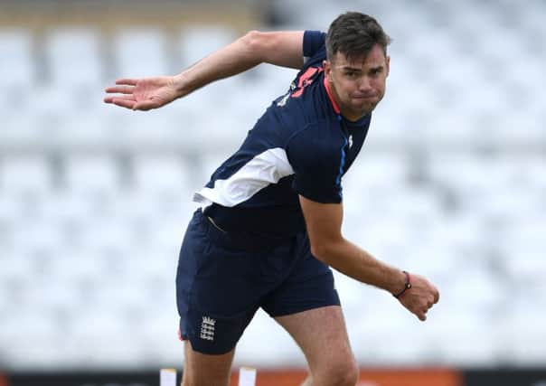 Jimmy Anderson gets some practice at Trent Bridge yesterday. Picture: Getty.